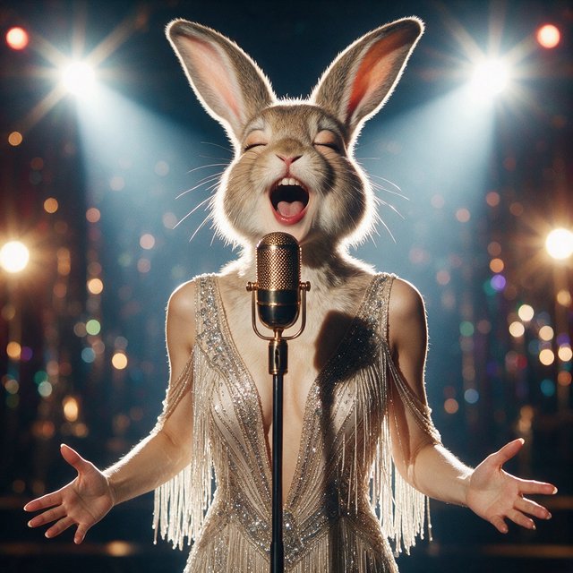 Anthropomorphic rabbit-human hybrid. No human ears visible; the areas where ears would normally be are covered by rabbit fur. A pulchritudinous East Asian 32-year-old wearing a luxurious flapper dress with a deep V split down the center, standing on stage behind a luxurious retro microphone, singing her heart out into it. Taken with a professional DSLR camera and a 35mm lens. Background bokeh, stage lights with a bloom effect. — Seedream 5.0 Pro