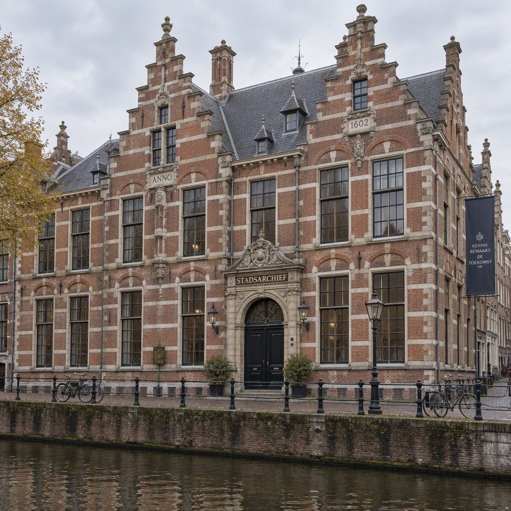 Exterior of a Dutch Renaissance canal-side archive, with warm red brick, pale stone bands, stepped gables, and tall sash windows; soft overcast light reveals the masonry, viewed from the opposite quay, with convincing structure and precise architectural lines. — GPT Image 2.5 Sunburst