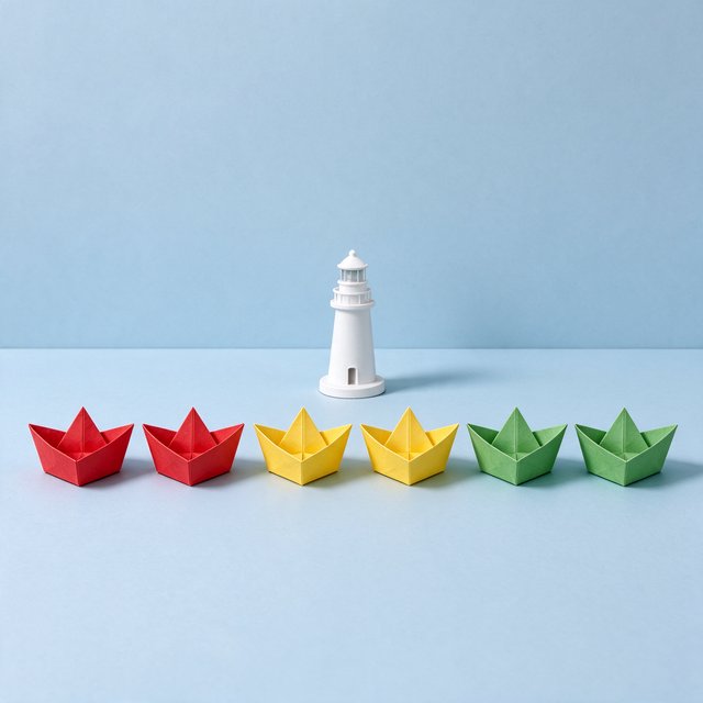 Exactly six folded paper boats sit on a pale blue tabletop: two red boats on the left, two yellow boats in the center, and two green boats on the right. A small white lighthouse figurine stands behind the center pair, nothing else. — Seedream 5.0 Flash