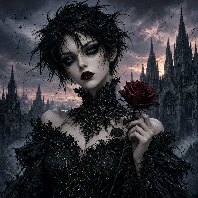 Atmospheric lighting creates soft background gradients through value blending, and surreal dark textures produce cracked surfaces and splatter via organic mark making. The fusion manifests as lace edges, dramatic chiaroscuro, and sharp focal contrast, transforming any subject through meticulous gothic surface modeling. A gothic woman depicted in 2026, with spiky black hair, blue eyes, and pale skin, wearing a black off-shoulder lace dress with a high ornate collar and puffed sleeves, holding a red rose. Close-up at eye level, the woman facing forward with her head slightly tilted, gazing directly at the viewer, holding a red rose in her right hand near her shoulder. Scene set before a gothic cathedral during overcast twilight, with misty atmosphere, featuring tall church spires in the background. — Grok Imagine Image 2