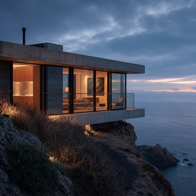 Exterior of a small concrete-and-glass house on a cliff above the sea, dusk, interior lights on, architectural photography. — GPT Image 2