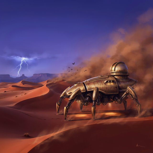 A colossal brass desert crawler carries an observatory dome across red dunes, its articulated legs striding through a sandstorm. Warm lamps glow beneath the hull while distant mesas fade into violet dusk and lightning illuminates the horizon. — Ideogram v4
