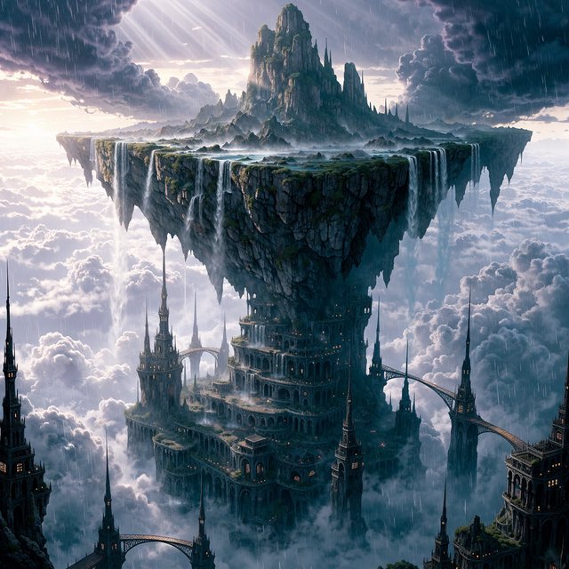 A colossal cliffside monastery hangs beneath a floating island, its waterfalls falling into luminous cloud seas. Bronze bridges connect needle towers, while dawn rays pierce violet storms and tiny windows glow above an endless abyss. — Recraft v4 Pro