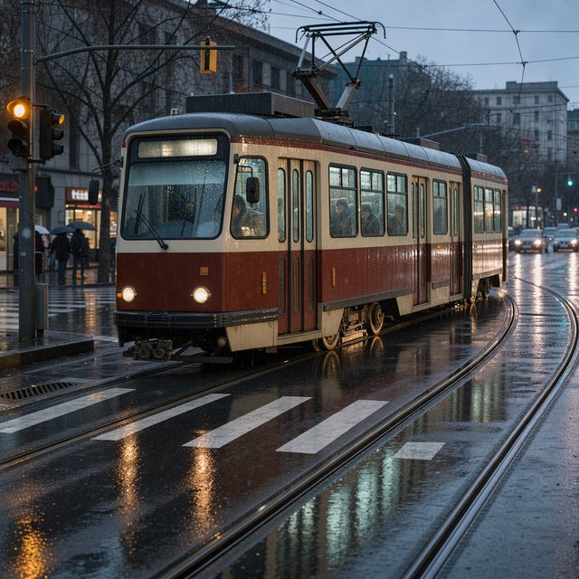 At a rain-darkened intersection, a tram grinds through a curve, its steel wheels shining beneath amber signal glow. A street-level news photo, shot on a 35mm lens with moderate depth of field, catches beads of water on the windows and slight wheel blur. — FLUX 3 Image