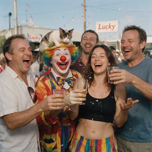 Realistic. Four to five adults having a very lucky day. One of the people is a clown with a very strange cat on their head. Another is wearing a black crop top and multicolored shorts. The word “Lucky” is seen at least twice in the background. — Seedream 5.0 Pro