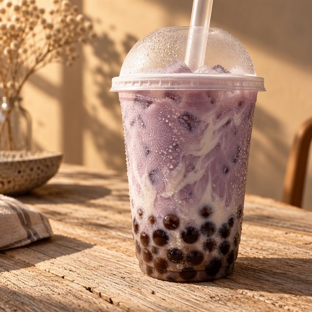 Photorealistic product shot of iced taro bubble tea in a clear frosted plastic cup, condensation beading down curved sides, wide clear straw piercing matte white domed lid. Plump dark brown tapioca pearls settled at the base, swirled creamy purple tea with soft marbled cream streaks, fine ice crystals glinting inside. Resting on weathered light oak table, soft golden hour side lighting casting gentle long shadows, warm neutral beige background. Shallow depth of field, sharp focus on glass texture and pearl details, professional food photography aesthetic, soft moody warm colour palette with rich lavender and caramel tones. — GPT Image 2.5 Sunburst