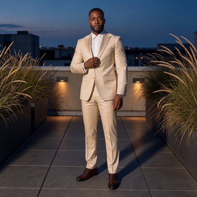 Under the copper glow of a rooftop terrace, an adult Black man in a tailored cream dinner suit is caught smoothing his lapel as evening breeze stirs nearby grasses; calm poise, sculpted shadows and refined fashion-magazine polish. — FLUX 3 Image