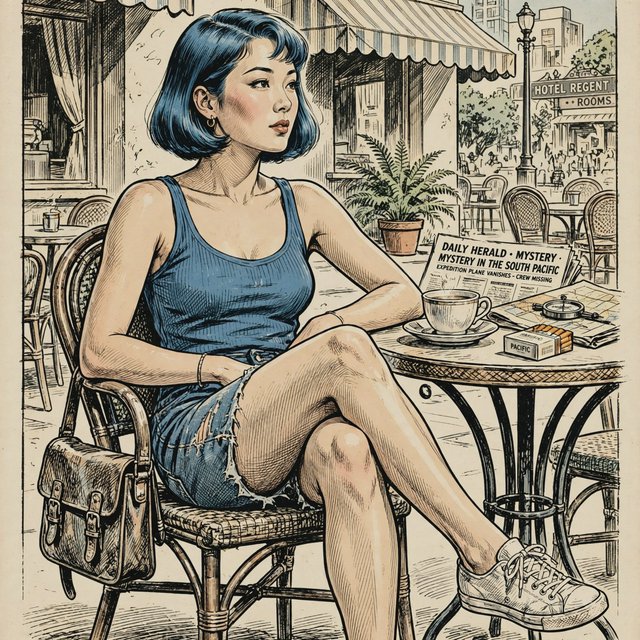 Classic American adventure-comic art with a strong 1930s–1950s pulp and Hollywood glamour influence. Exceptionally polished pen-and-ink draftsmanship, elegant controlled outlines, varied line weight, precise feathering, restrained crosshatching, and carefully placed solid blacks. Realistic but gracefully idealized anatomy, believable weight and balance, expressive naturalistic faces, and subtle character acting. Attractive characters with vintage glamour, sculpted features, and meticulously rendered hair. Strong three-dimensional form, convincing fabric folds, polished metal, leather, and other materials rendered with clarity and care. Romantic retro adventure atmosphere, richly detailed without clutter. Traditional hand-inked comic look, restrained flat colors. Avoid modern superhero exaggeration, extreme musculature, heavy digital rendering, and photorealism. A beautiful Asian woman sits at a cafe table, legs crossed. Blue tank top, torn shorts, sneakers, short bob hair dyed blue. — Model 14