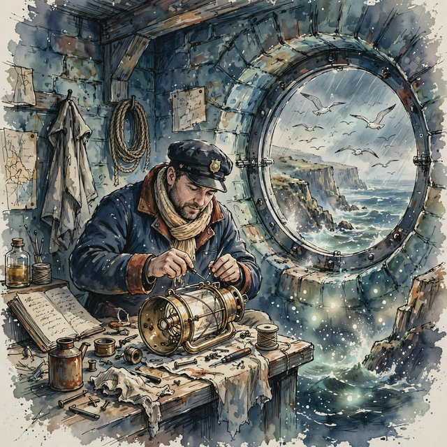 Ink-and-watercolour illustration of an adult lighthouse keeper repairing a brass lantern inside a windswept cliff tower, gulls circling beyond the window and sea spray glowing below. Palette of navy, rust, seafoam, and warm ivory, with expressive linework. — Muse Image 1.0
