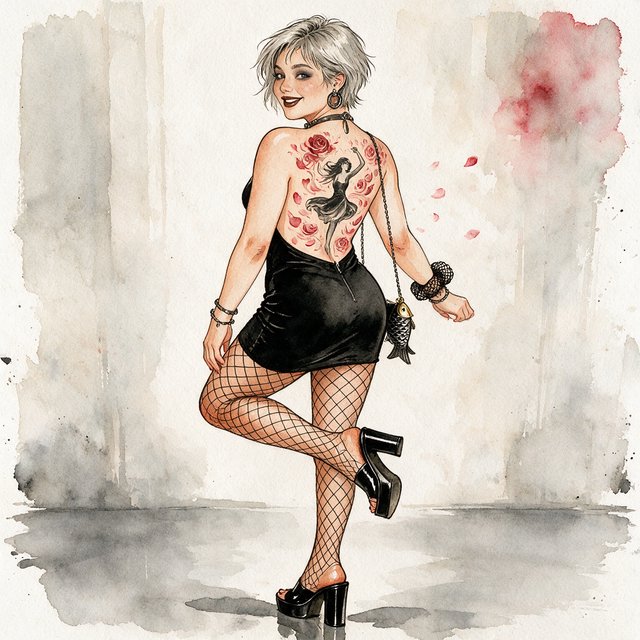 A realistic India ink illustration with crisp black lines depicting a realistic scene, anatomy, and proportions. The ink lines are colored with watercolors, while the black lines remain visible. Full-length composition. A 25-year-old woman named Mandy has a round face and short, trendy hair dyed grayish white. She wears a short, tight halter-top dress with a backless design, fishnet stockings, and high platform heels. She carries a tiny fish-shaped purse over one shoulder. She has smoky eyes and dark brown lipstick. Her entire back is covered with a huge tattoo of a dancing adult woman surrounded by a swirl of roses and rose petals. She poses for a picture in rear view, standing on one foot with the other foot raised and knee bent. She looks at us over one shoulder, making eye contact with the camera and smiling. — Seedream 5.0 Pro
