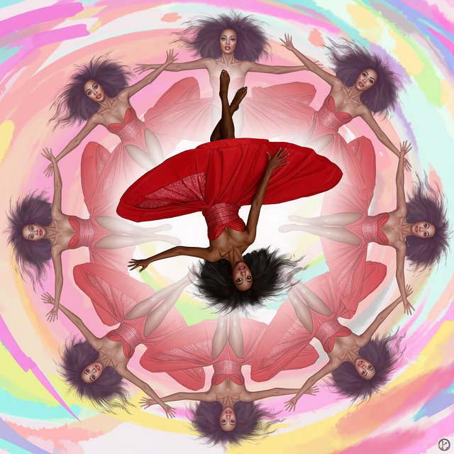 Image of a pop-dance African-American diva. The woman hangs completely inverted in mid-air, head pointing toward the floor and legs toward the ceiling. Her huge hair falls and spreads dramatically in the opposite direction, while her expression remains cool and composed. Her red gown is turned inside out, exposing its sparkling lining, seams, and construction. To push the surrealism further, a second, reversed version of her silhouette appears to peel outward from her original form, like a three-dimensional reflection escaping its owner. Multiple copies of the woman circle around a central point, each rotated to a different angle. Their flowing hair and red gowns form a pinwheel or circular vortex, creating the impression that one woman is spinning endlessly around herself. — Kling v3