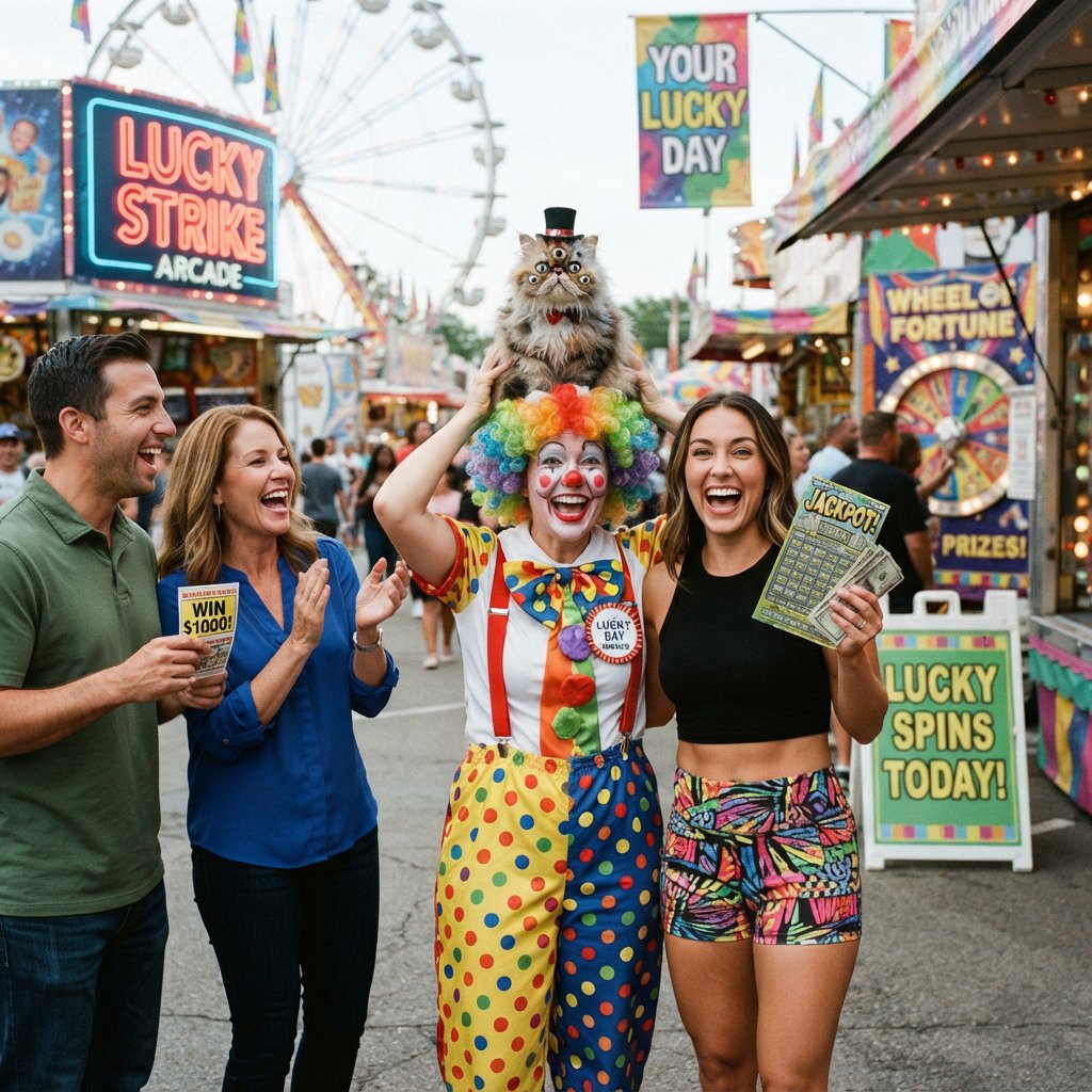 Realistic. Four to five adults having a very lucky day. One of the people is a clown with a very strange cat on their head. Another is wearing a black crop top and multicolored shorts. The word “Lucky” is seen at least twice in the background. — Nano Banana 2 Lite