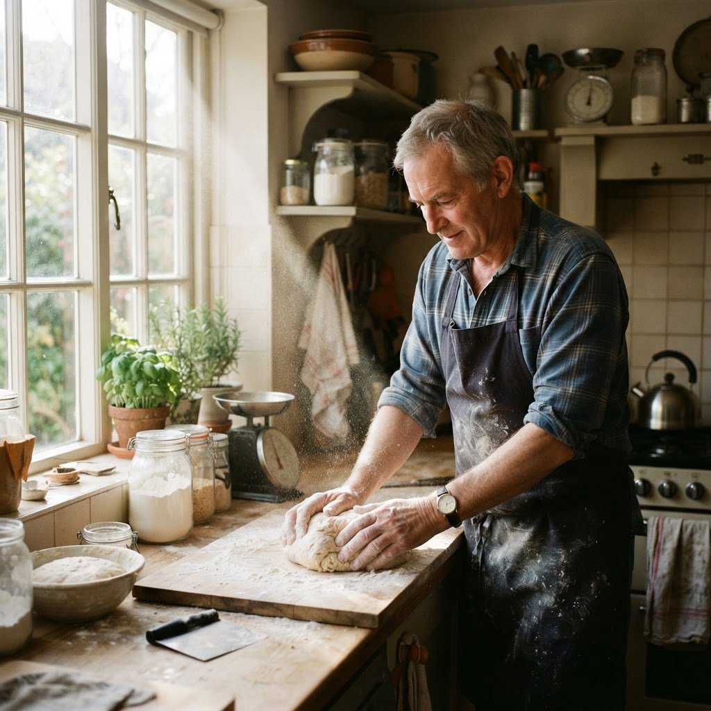 Documentary photo of a home kitchen mid-morning, flour dust in a shaft of window light, an older man kneading dough, natural light only. — Nano Banana 2 Lite