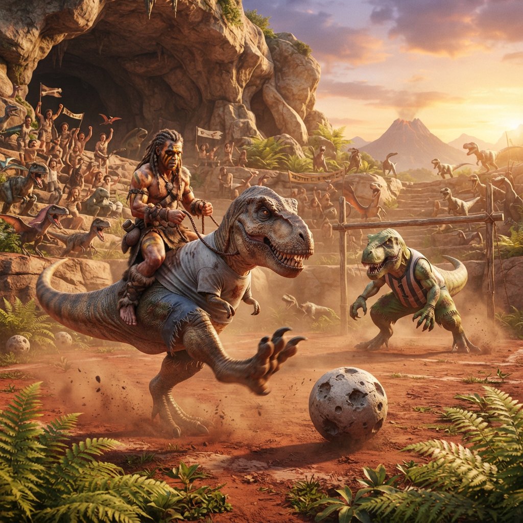Wide shot of a golden-hour prehistoric football match, photorealistic, cinematic. A weathered, muscular adult caveman with ochre face paint sits upright on a plump medium T-Rex's back, gripping a braided leather leash. The mounted T-Rex strains mid-kick, wearing a tiny faded grey cotton T-shirt riding up over its scaled shoulders and frayed athletic shorts bunched at its hips, one massive clawed foot cocked back behind a pockmarked 3ft stone football. A weathered timber goalpost stands 20 yards ahead; the opposing T-Rex goalie hunches ready in a sleeveless striped jersey #1 and grass-stained shorts, claws dug into dusty red earth. Sunlit bleachers line the natural rock arena: cheering adult cave families wave bone flags, assorted small dinosaurs bounce and roar along the sidelines, warm late-afternoon light gilds fern fronds and dinosaur scales, soft long shadows stretch across the playing field, playful triumphant atmosphere, sharp focus on the kicking T-Rex, shallow depth of field on spectators. — Nano Banana 2 Lite