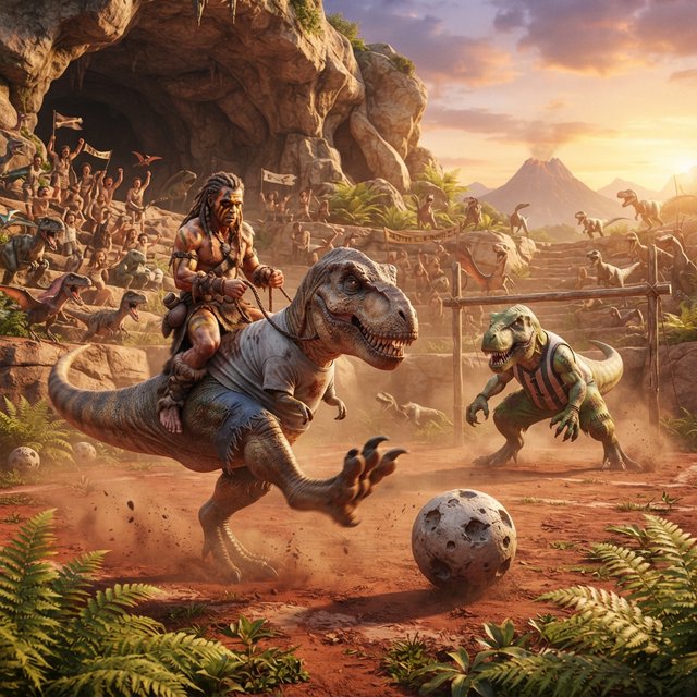 Wide shot of a golden-hour prehistoric football match, photorealistic, cinematic. A weathered, muscular adult caveman with ochre face paint sits upright on a plump medium T-Rex's back, gripping a braided leather leash. The mounted T-Rex strains mid-kick, wearing a tiny faded grey cotton T-shirt riding up over its scaled shoulders and frayed athletic shorts bunched at its hips, one massive clawed foot cocked back behind a pockmarked 3ft stone football. A weathered timber goalpost stands 20 yards ahead; the opposing T-Rex goalie hunches ready in a sleeveless striped jersey #1 and grass-stained shorts, claws dug into dusty red earth. Sunlit bleachers line the natural rock arena: cheering adult cave families wave bone flags, assorted small dinosaurs bounce and roar along the sidelines, warm late-afternoon light gilds fern fronds and dinosaur scales, soft long shadows stretch across the playing field, playful triumphant atmosphere, sharp focus on the kicking T-Rex, shallow depth of field on spectators. — Nano Banana 2 Lite