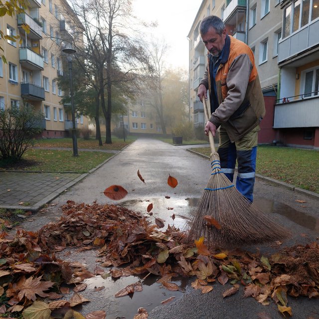 Candid documentary photograph of an adult groundskeeper sweeping damp leaves from an apartment courtyard, pale overcast morning light, 35mm lens with moderate depth of field, a few leaves caught midair in motion blur. — ImagineArt 1.5 Pro