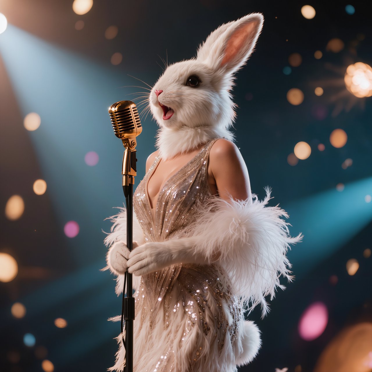 Anthropomorphic rabbit-human hybrid. No human ears visible; the areas where ears would normally be are covered by rabbit fur. A pulchritudinous East Asian 32-year-old wearing a luxurious flapper dress with a deep V split down the center, standing on stage behind a luxurious retro microphone, singing her heart out into it. Taken with a professional DSLR camera and a 35mm lens. Background bokeh, stage lights with a bloom effect. — Kling v3
