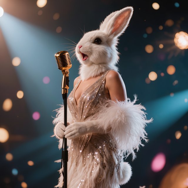 Anthropomorphic rabbit-human hybrid. No human ears visible; the areas where ears would normally be are covered by rabbit fur. A pulchritudinous East Asian 32-year-old wearing a luxurious flapper dress with a deep V split down the center, standing on stage behind a luxurious retro microphone, singing her heart out into it. Taken with a professional DSLR camera and a 35mm lens. Background bokeh, stage lights with a bloom effect. — Kling v3
