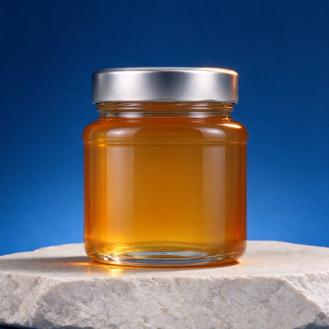 A squat unbranded honey jar with clear glass walls and a plain brushed-aluminum lid rests on honed pale limestone; broad diffused key light and warm rim light shape the commercial product image against a seamless cobalt-blue background, with no lettering. — Model 19