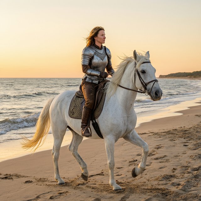 An adult female warrior on her white steed galloping along a fine-sand beach at sunset. — Qwen Image 3.0 Pro