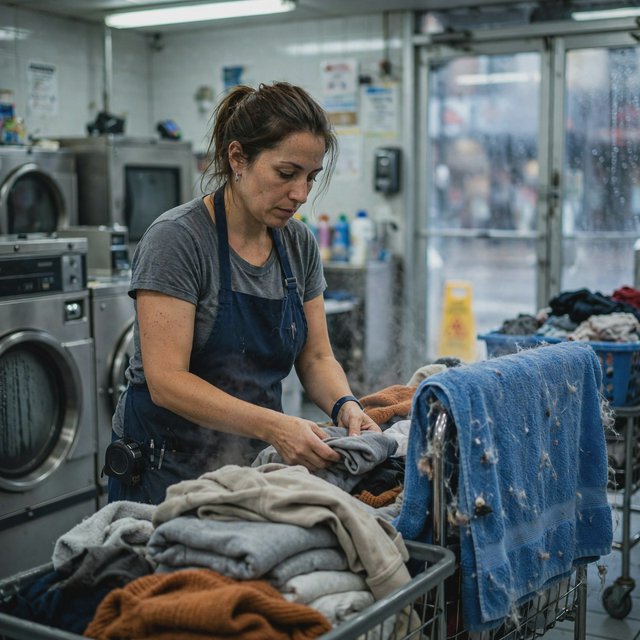 Candid documentary photograph of an adult laundromat attendant sorting warm clothes beside humming machines, cool fluorescent light, 50mm lens with moderate depth of field, loose lint clinging to a blue towel and faint condensation on the glass doors. — Muse Image 1.0