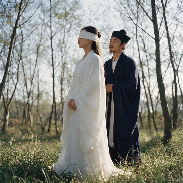 A beautiful young adult woman in flowing white hanfu stands quietly in a sparse forest, blindfolded with a soft white cloth. Grass surrounds her feet, and the scene feels calm, mysterious, and poetic. A few steps behind her stands a young adult male Taoist in traditional robes, gazing at her with a mesmerized, captivated expression. Gentle natural light filters through the thin trees, creating an ethereal atmosphere. Cinematic, elegant, emotionally evocative. — Seedream 5.0 Pro