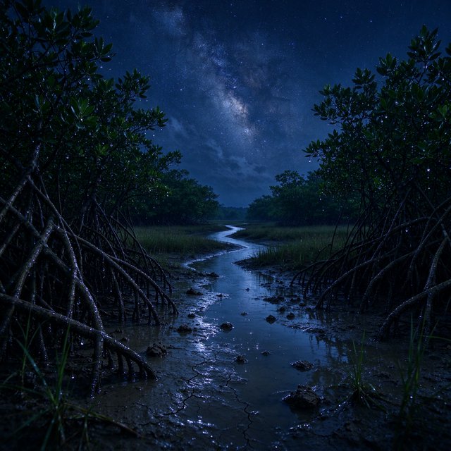 A mangrove delta spreads beneath a star-filled midnight sky after a humid shower; rain-beaded roots and fine silt ridges sharpen the foreground, while winding channels vanish among distant reed islands. — Model 19