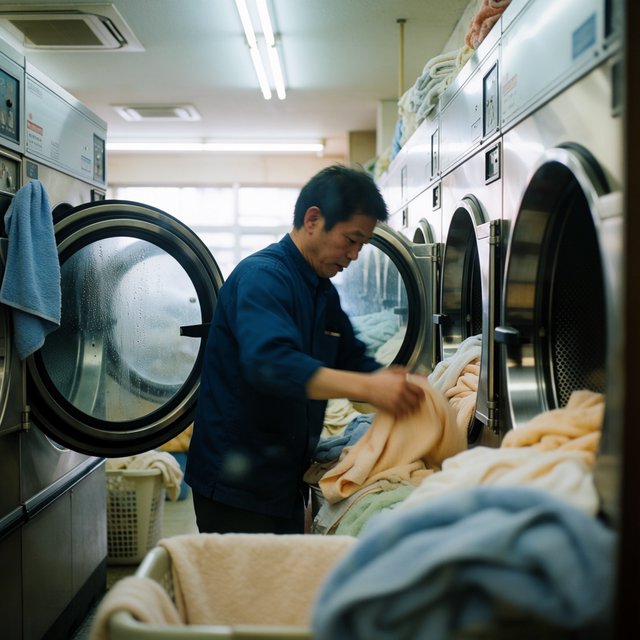 Candid documentary photograph of an adult laundromat attendant sorting warm clothes beside humming machines, cool fluorescent light, 50mm lens with moderate depth of field, loose lint clinging to a blue towel and faint condensation on the glass doors. — Krea 2 Medium