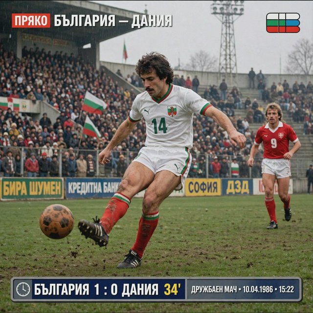 A stillshot from a Bulgarian football game, broadcast in the 1980s. — Muse Image 1.0