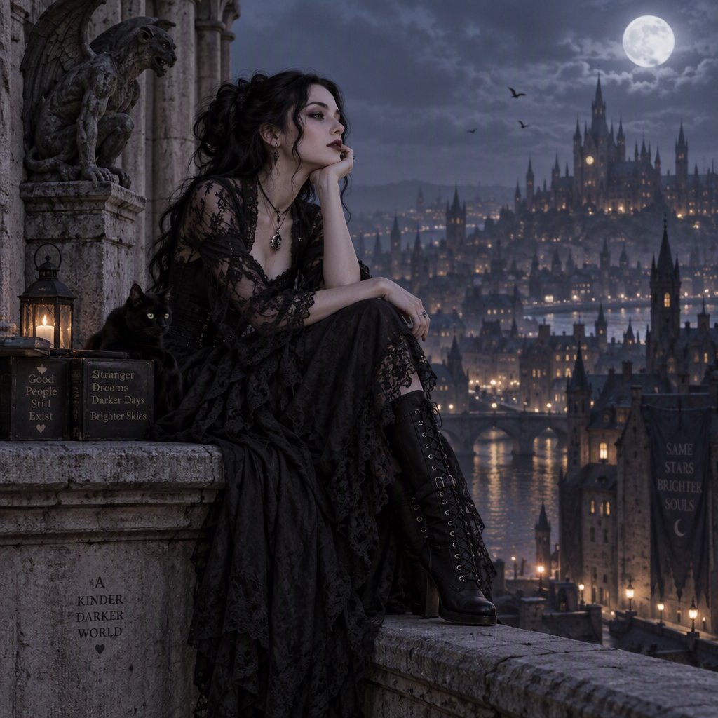 A whimsical gothic woman sitting on a ledge overlooking the city. — GPT Image 2.5 Sunburst