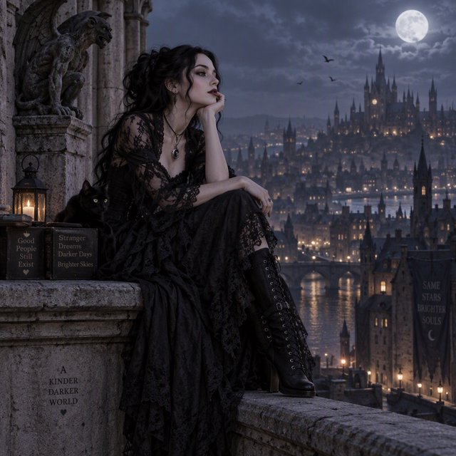 A whimsical gothic woman sitting on a ledge overlooking the city. — GPT Image 2.5 Sunburst