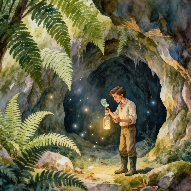 Watercolour illustration of an adult botanist studying luminous fungi in a misty cave, with fern fronds, glistening stone and drifting spores. Palette of jade, lilac, amber, and deep indigo, with translucent washes. — Kling v3 Omni