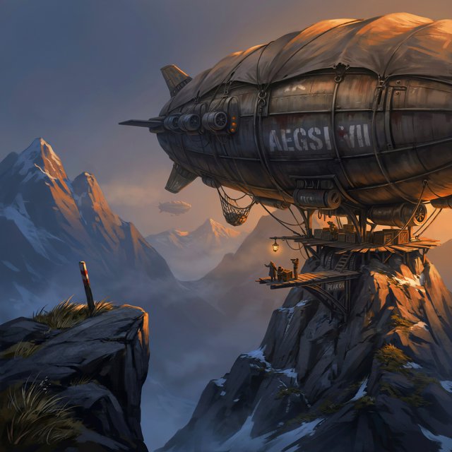 Concept art of a weathered cargo airship docking at a mountaintop station, crew tiny for scale, late afternoon light. — Ideogram v4