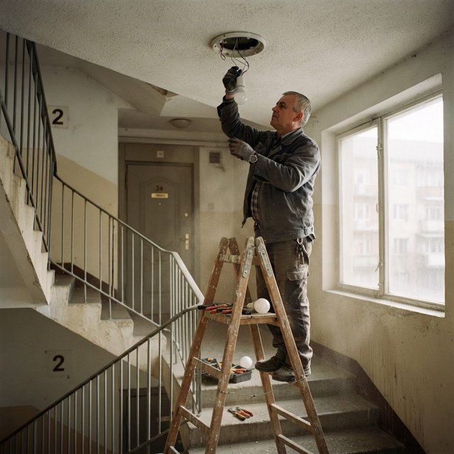 Candid documentary photograph of an adult building caretaker changing a ceiling light in a quiet apartment stairwell, pale afternoon window light, 35mm lens with moderate depth of field, plaster dust drifting from the fixture. — Nano Banana 2 Lite