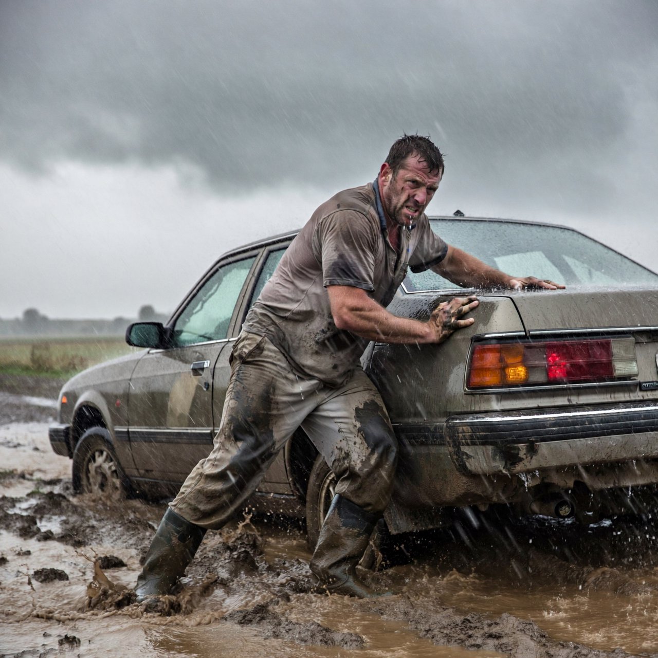 A man is pushing his car, which is stuck in the mud, amid heavy rain in the countryside. The sky is gloomy, and some hail is also falling on the car and the ground. The big man has mud all over his trousers. Show him struggling. — ImagineArt 2