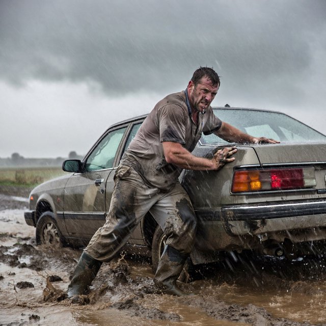 A man is pushing his car, which is stuck in the mud, amid heavy rain in the countryside. The sky is gloomy, and some hail is also falling on the car and the ground. The big man has mud all over his trousers. Show him struggling. — ImagineArt 2