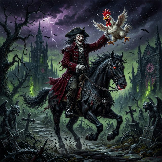 A man riding a horse, holding a screaming chicken, in dark gothic fantasy. — Model 5