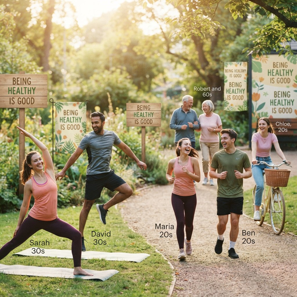 An image relating to good health and happiness. The words “Being Healthy Is Good” appear in the background at least a couple of times. 4–7 moments. — Nano Banana 2 Lite