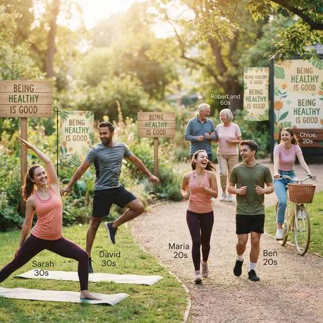 An image relating to good health and happiness. The words “Being Healthy Is Good” appear in the background at least a couple of times. 4–7 moments. — Nano Banana 2 Lite