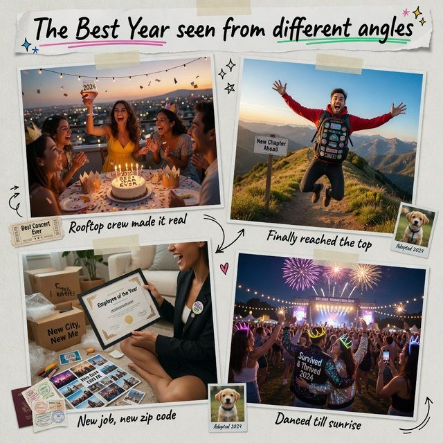 A realistic image where the theme is all about people having the best year ever. 4–6 moments seen from different angles. At the top it says, "The Best Year seen from different angles". — Grok Imagine Image Quality