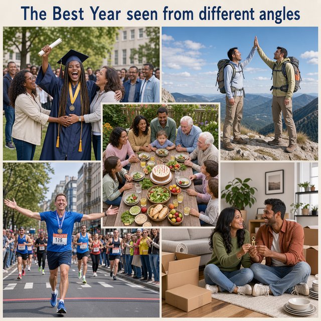 A realistic image where the theme is all about people having the best year ever. 4–6 moments seen from different angles. At the top it says, "The Best Year seen from different angles". — FLUX 3 Image