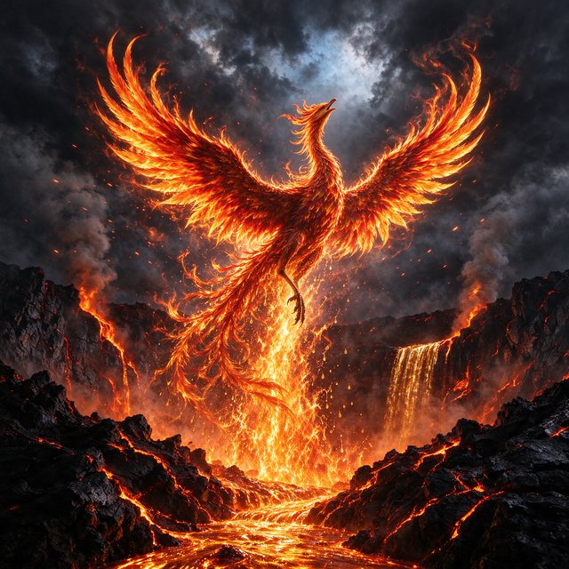 A majestic phoenix rising from a cascade of molten gold and shimmering embers against a backdrop of a dark, volcanic caldera. Its feathers are ablaze with brilliant oranges, reds, and fiery yellows. The air around it crackles with heat and energy. Style: Epic fantasy art with dynamic composition and vibrant color contrast — Seedream 5.0 Flash