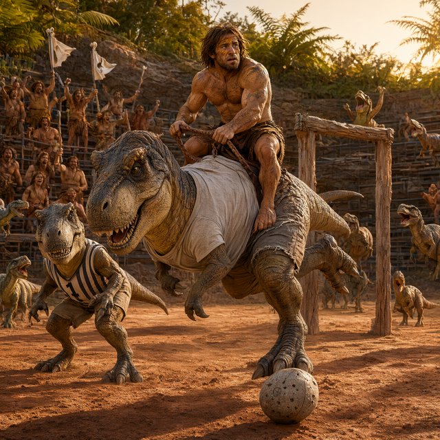 Wide shot of a golden-hour prehistoric football match, photorealistic, cinematic. A weathered, muscular adult caveman with ochre face paint sits upright on a plump medium T-Rex's back, gripping a braided leather leash. The mounted T-Rex strains mid-kick, wearing a tiny faded grey cotton T-shirt riding up over its scaled shoulders and frayed athletic shorts bunched at its hips, one massive clawed foot cocked back behind a pockmarked 3ft stone football. A weathered timber goalpost stands 20 yards ahead; the opposing T-Rex goalie hunches ready in a sleeveless striped jersey #1 and grass-stained shorts, claws dug into dusty red earth. Sunlit bleachers line the natural rock arena: cheering adult cave families wave bone flags, assorted small dinosaurs bounce and roar along the sidelines, warm late-afternoon light gilds fern fronds and dinosaur scales, soft long shadows stretch across the playing field, playful triumphant atmosphere, sharp focus on the kicking T-Rex, shallow depth of field on spectators. — Qwen Image 3.0 Pro