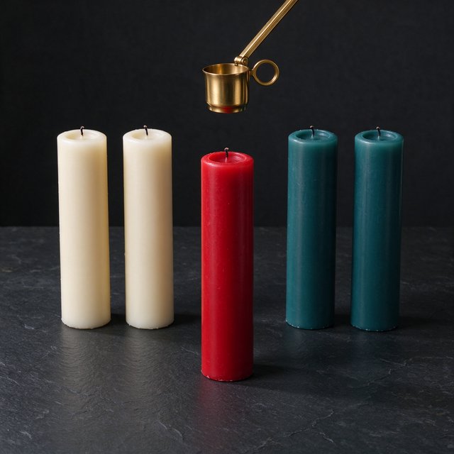 Exactly five candles stand on a dark slate tabletop: two ivory candles on the left, one red candle in the center, and two teal candles on the right. A brass snuffer sits above the red candle, nothing else. — Seedream 5.0 Flash