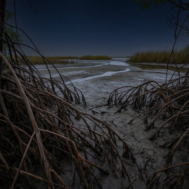 A mangrove delta spreads beneath a star-filled midnight sky after a humid shower; rain-beaded roots and fine silt ridges sharpen the foreground, while winding channels vanish among distant reed islands. — Model 17