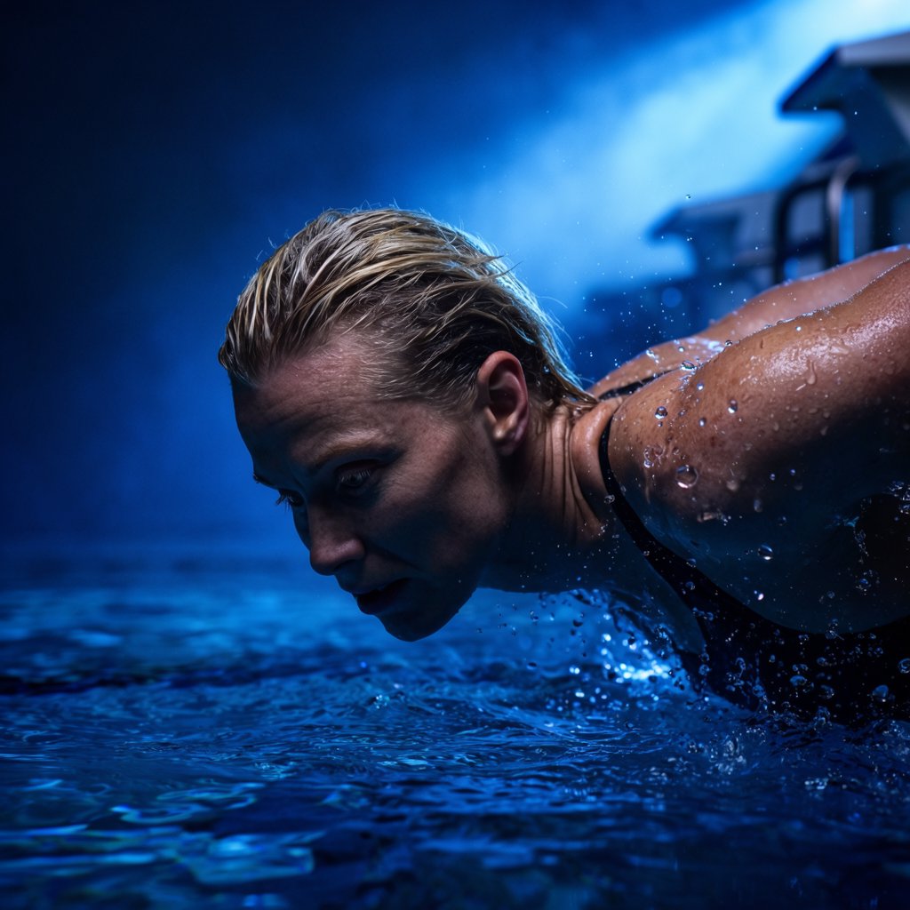 Under the blue-hour floodlights, an adult swimmer drives off the starting block into an outdoor pool. A real-world sports press photo, shot at 200mm with shallow depth of field, captures beads of water suspended around her shoulder. — Krea 2 Large