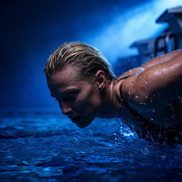 Under the blue-hour floodlights, an adult swimmer drives off the starting block into an outdoor pool. A real-world sports press photo, shot at 200mm with shallow depth of field, captures beads of water suspended around her shoulder. — Krea 2 Large
