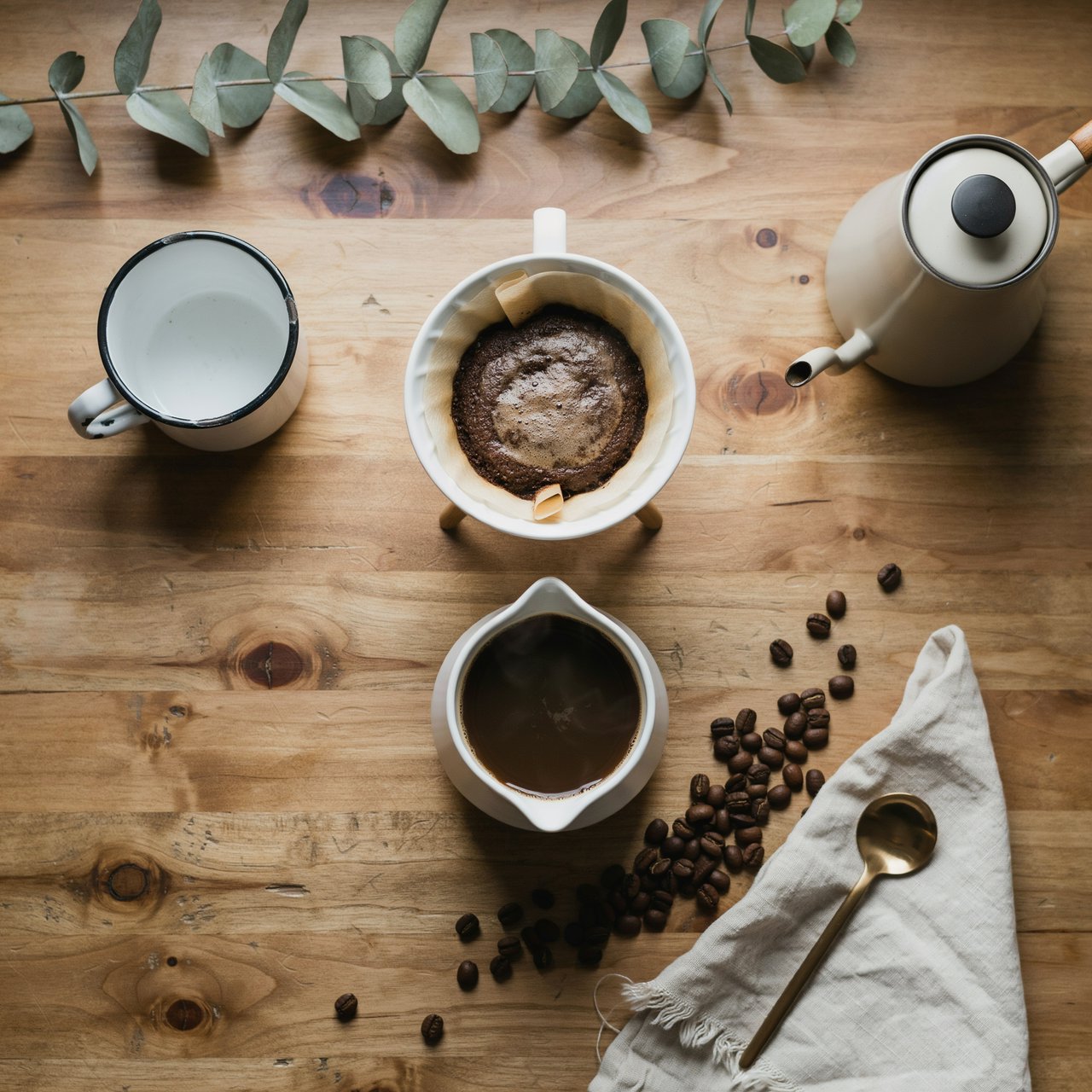 Overhead flat lay of a ceramic pour-over coffee set on oak, roasted beans scattered, a folded linen napkin, warm natural light. — Ideogram v4