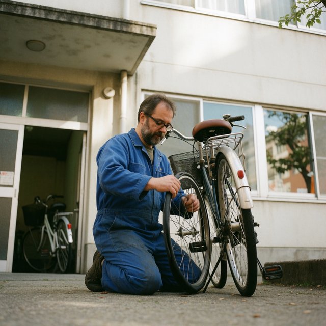 Candid documentary photograph of an adult bicycle mechanic repairing a flat tire outside a neighborhood workshop, soft overcast daylight, 35mm lens with moderate depth of field, greasy fingerprints, dust, and tiny metal shavings visible on the workbench. — Krea 2 Medium