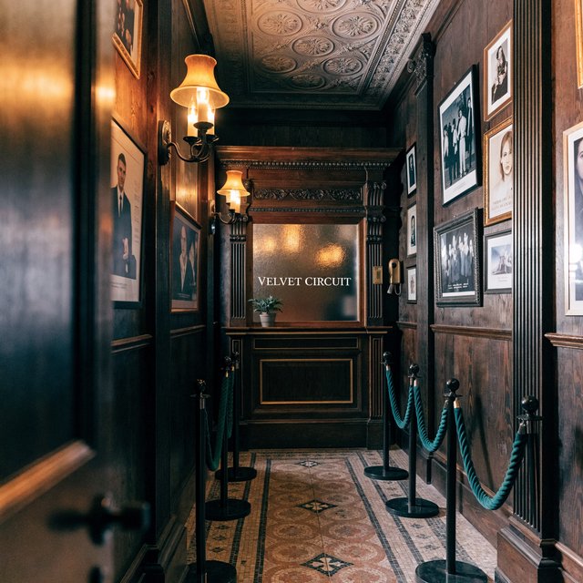 A narrow neighborhood cinema lobby glows with amber sconces, velvet ropes, and framed film stills; "VELVET CIRCUIT" is etched in elegant silver lettering across the frosted glass ticket-booth window. — Recraft v4 Pro